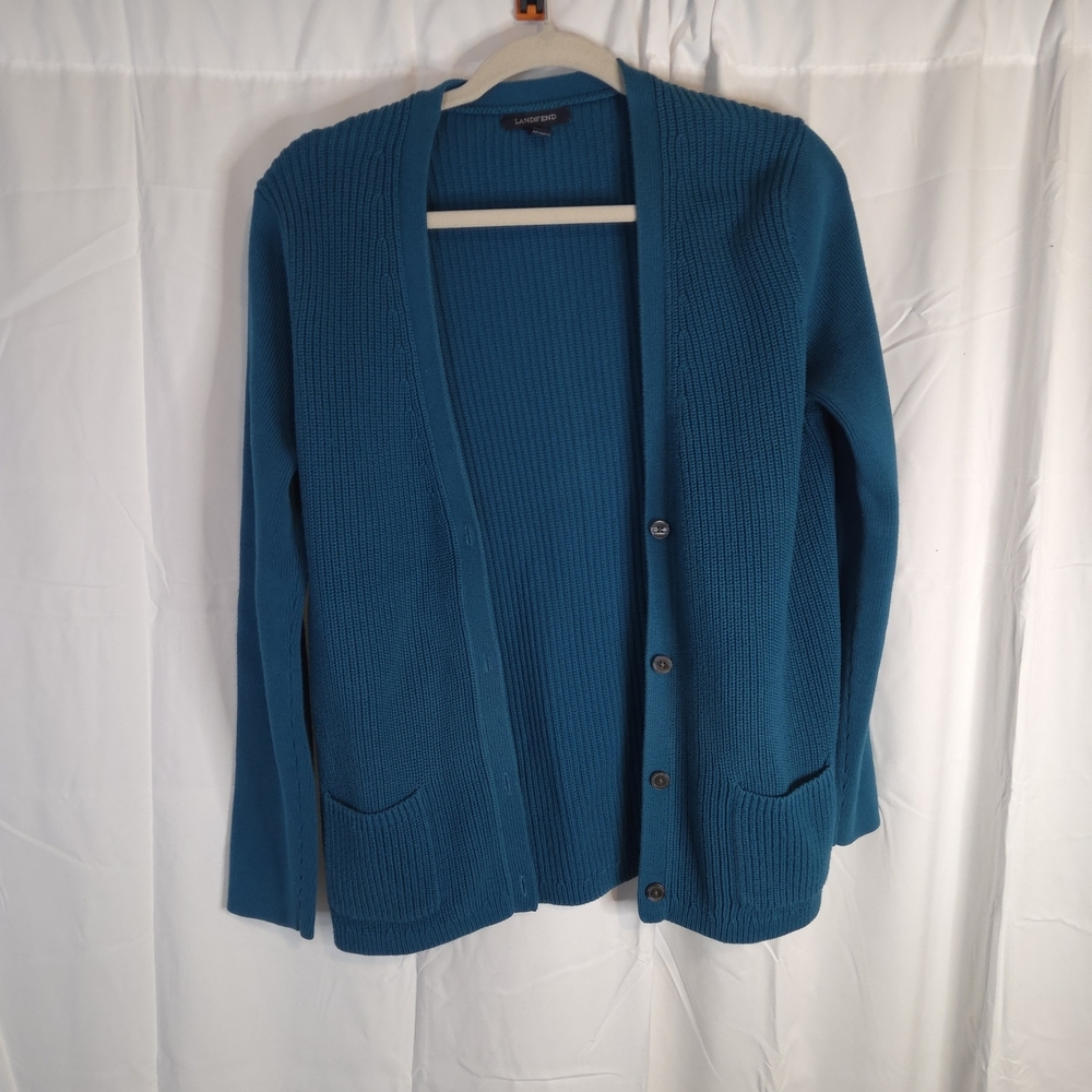 Lands' End Teal Women's Button Up 100% Cotton Cardigan Size MP